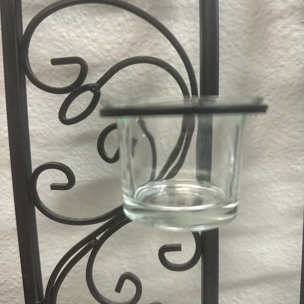 Set of 2 Black Metal Scroll Wall Candle‎ Holders Glass Votive Cups 14